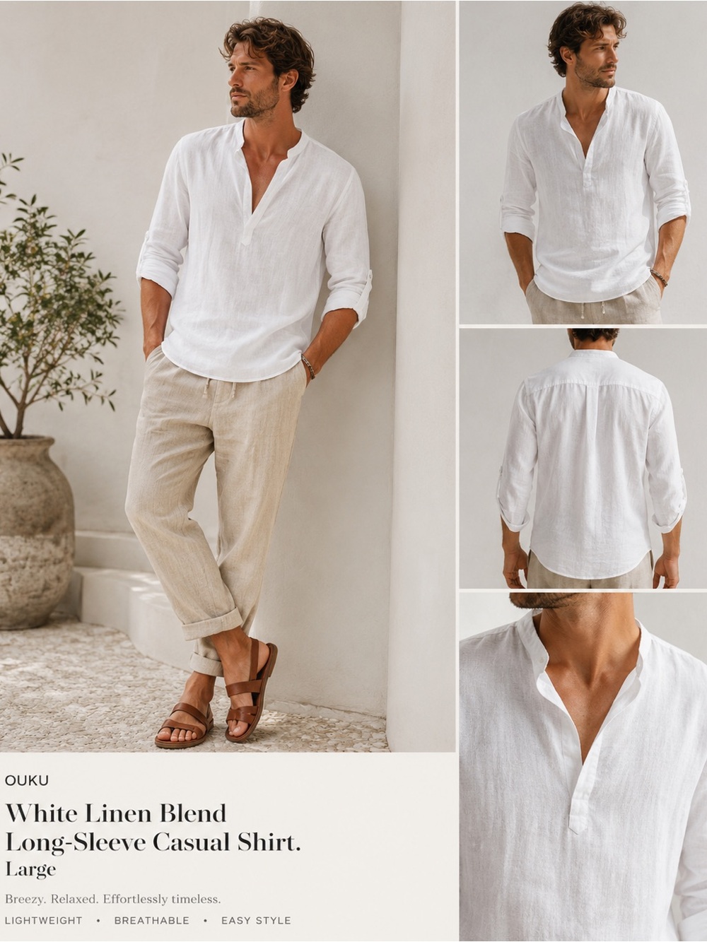 OUKU White Linen Blend Long-Sleeve Casual  Shirt. Large